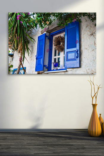 Morfil Sanat Atölyesi Mediterranean Coast Taşev Blue White Landscape Canvas Painting (7 Different Sizes)