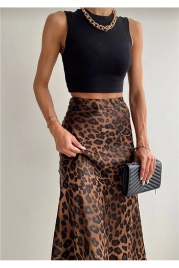 MİSPİER Summer Leopard/Black Patterned Midi Length Satin Skirt