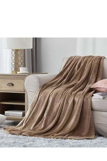 MOONEE Moon Flannel and Microfiber Sofa Blanket, Luxury Camel Color, Double Size, Lightweight and Comfortab