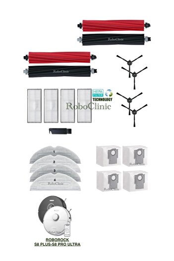 Roboclinic Roborock S8 Plus, S8 Pro Ultra Compatible Replacement Dust Bag, Brush, Hepa Filter, Mop Set-21 Pieces