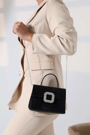 Encool Rochie de seară neagră de dimensiuni mici pentru femei - geantă de umăr cu un singur ochi, cu accesorii argintii și curea de mână și lanț