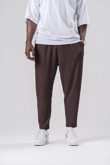 FıttingRoom Elastic Waist Textured Wrinkle Fabric Brown Baggy Trousers