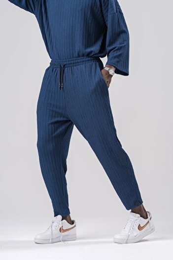 FıttingRoom Elastic Waist Textured Wrinkled Fabric Navy Blue Baggy Trousers