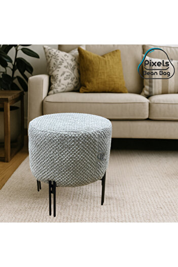 PixelsBeanBag Pixel Bean Bag Round Linen Ottoman with Metal Base for Living Room and Bedroom