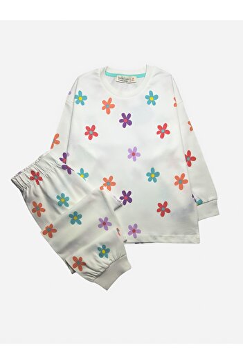 Pajama Shop Girls' 100% Cotton Fabric Small Flowers Pattern White Long Sleeve Winter Pajamas Set