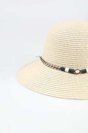 Fulla Moda Leather Detailed Beaded Straw Hat