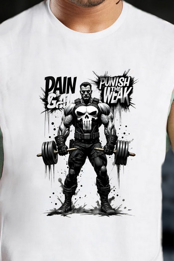BESSA White Printed Sportsman Tank Top Crew Neck Cotton Sleeveless Tank Top Punish the Weak Men's