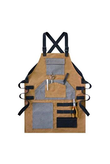 Generic Apron Barista Fabric With 2 Comfort Pockets And Brown/grey Expandable Straps