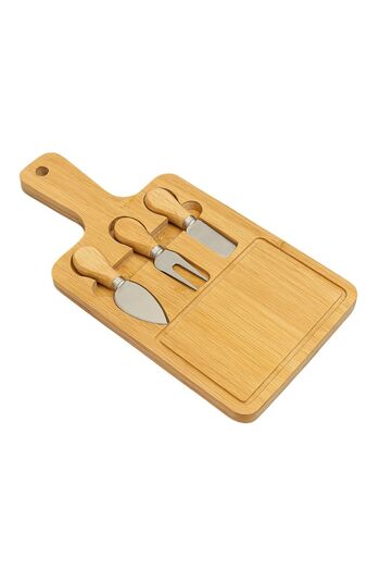 intoku Bamboo Wooden Cheese Presentation Set - 4 Piece Cheese Cutting Board Cheese Presentation Plate with 3 Knives