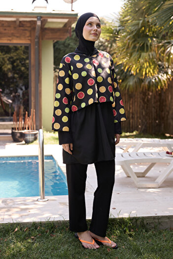 Bipantolon Women's Hijab Fresh Slice Fruit Printed Full Covered 3 Piece Swimsuit Set
