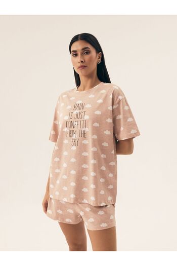 Henderson Pijamale minimaliste din bumbac ușor pentru femei, cu imprimeu cu nori, tricou cu text și pantaloni scurți | Nubes