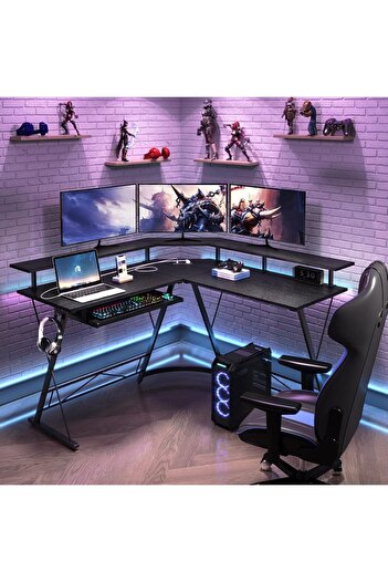 COOYA L Shaped Gaming Desk, With Removable Monitor Shelf, Leveling Studs, Sturdy, 129x71x29cm, Black
