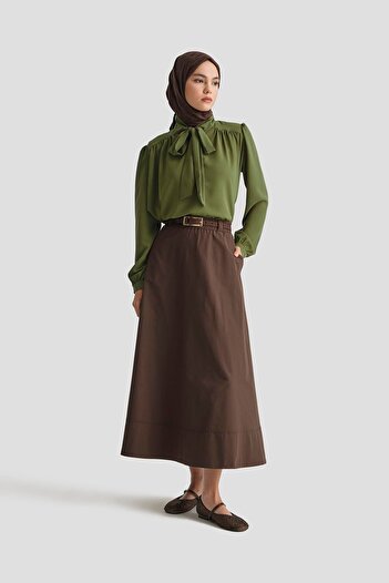 Armine TREND Armi̇ne Trend Neck Ribbon Patterned Tunic-Oil Green 25Yt303