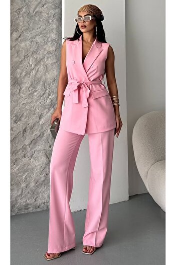 pembekurdelem Women's Belted Vest Trousers Suit Candy Pink