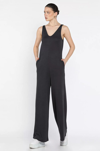 GÜLSELİ Smoked Women's Pocketed Wide Leg Jumpsuit
