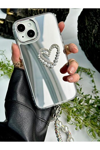 Go Aksesuar iPhone 14 Plus - 15 Plus Compatible Mirrored Charmed Heart Design Edges Silicone Case