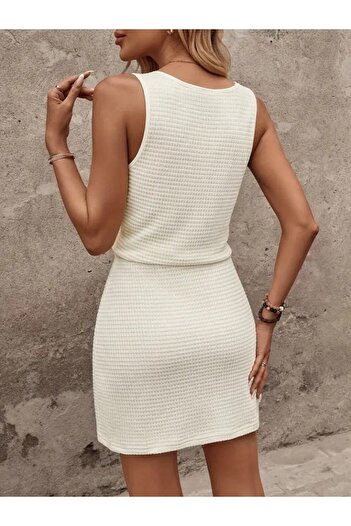 buğrahayalin Women's Strappy Square Neck Knitwear Dress with Laced Waist
