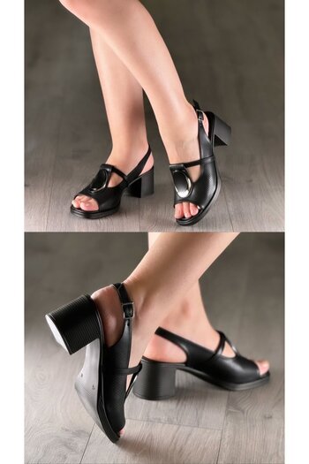 Emel Yıldız Leather Sandals with Oval Buckle Black