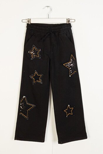 Magu Girl's Denim Black Sequined Star Applique Trousers