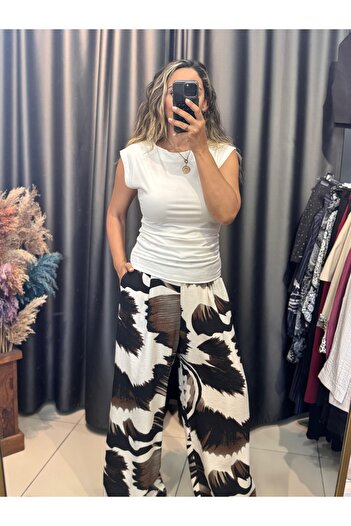 Rozella Butik Brown Patterned Trousers Elastic Waist Palazzo Trousers