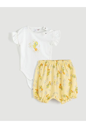 LC Waikiki Ecru Tweety Printed Baby Girl Snapback Bodysuit and Shorts 2-Piece