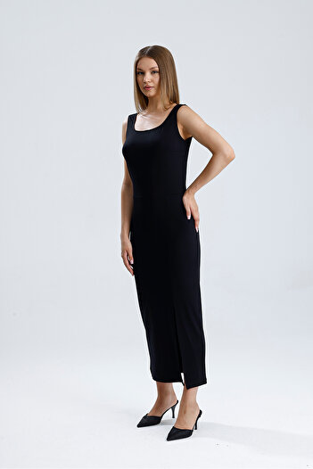 Sense Sleeveless Square Necklace Knitted Viscosse Dress |   Elb36253 Black