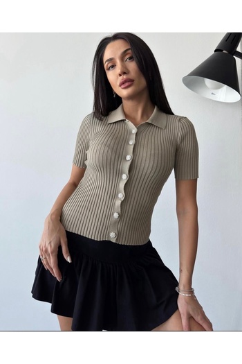Nura Francy Women's Twill Knitted Half Sleeve Button Stone Detail Bluz Cardigan
