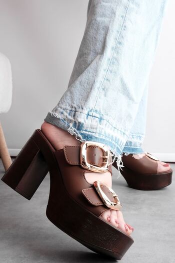 Lal Shoes & Bags Lora Women's Double Belted Large Buckle Detailed Thick Heeled Slippers-Brown
