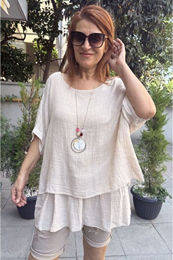 DenizEge Clara Italian Necklace Blouse Beige