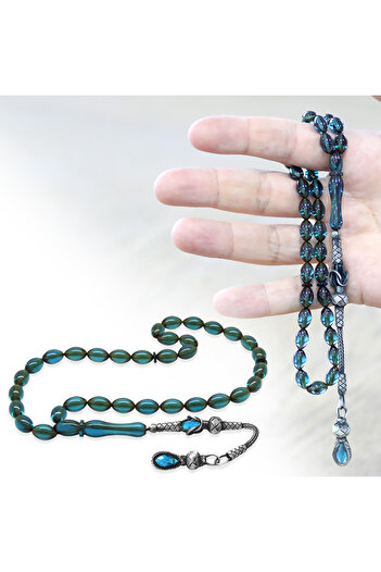 Tesbihane 1000 Sterling Silver Kazaz Tasseled Barley Cut Turquoise Fire Amber Rosary
