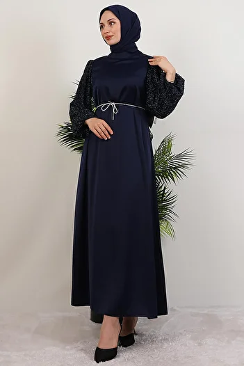 GİYZAMİLA Sleeve Patterned Dress Navy Blue