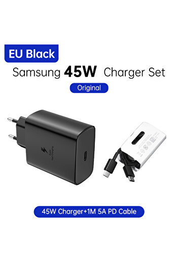 Samsung Black 45W EU set 45W Original PD Cable usb type-c wired 25W 5A Super Fast Charger S2