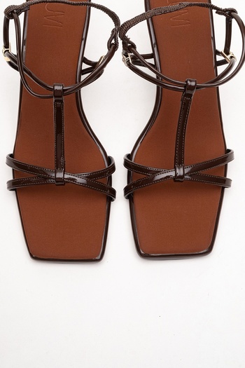 LuviShoes Gibson Brown Patent Leather Square Toe Women's Heeled Sandals