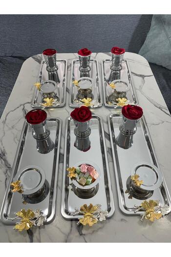NEWTREND Züccaciye 3 Different Models Silver 6-Piece Steel Baton Presentation Tray Silver Rose Bucket (with Roses) Butterfly Macaron Holder