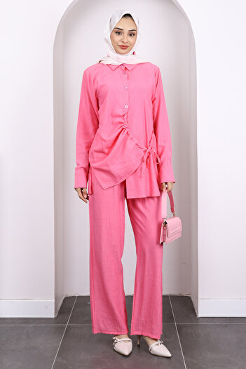 İmajButik Pink Front Tie Tunic Pants Suit