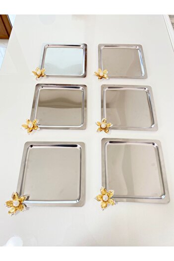NEWTREND Züccaciye Luxury Lily Floral Stainless Steel Square 6-Piece Silver Coffee, Tea, Decorative Presentation Serving Tray