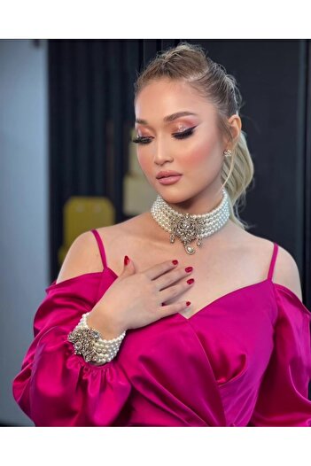 TMD AKSESUAR Hafsa Sultan Pearl Choker Necklace, Bracelet and Earrings