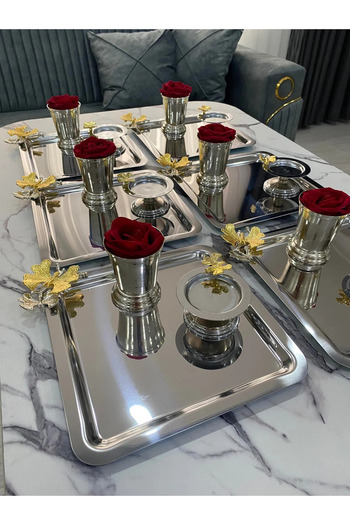 NEWTREND Züccaciye 3 Different Models Silver 6-Piece Steel Square Presentation Tray, Silver Rose Bucket (with Roses), Butterfly Macaron Holder