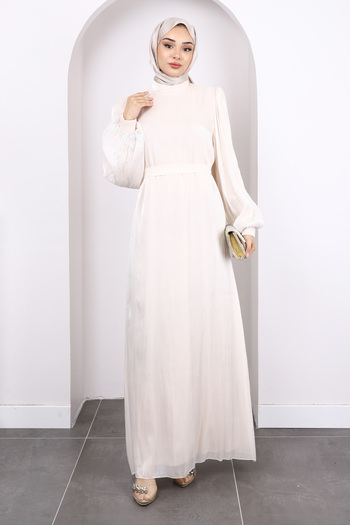 İmajButik Beige Balloon Sleeve Stone Evening Dress