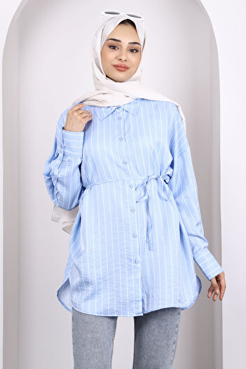 İmajButik Blue Striped Front Buttoned Tunic