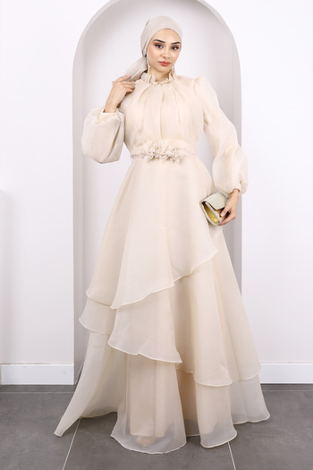 İmajButik Beige Balloon Sleeve Layered Evening Dress