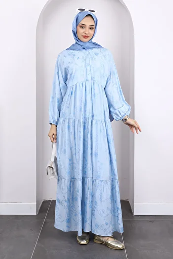 İmajButik Φόρεμα με μπλε πάγο με μοτίβο με μισό κουμπί μανίκι ελαστικό