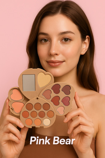 Pink Bear Pink Bear 4-Tier Heart-Shaped Eyeshadow, Blush & Highlighter Makeup Palette – Long Lasting