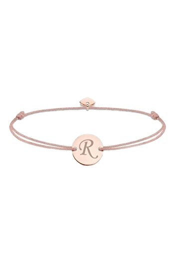 dalimag Adjustable Bracelet with Pink Gold Round Charm & Heart, Beige Cord, Engraved Letter R