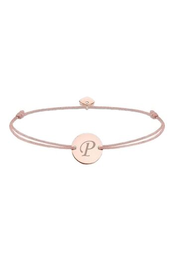 dalimag Adjustable Bracelet with Round Charm and Heart, Rose Gold, Engraved Letter P, Beige Cord
