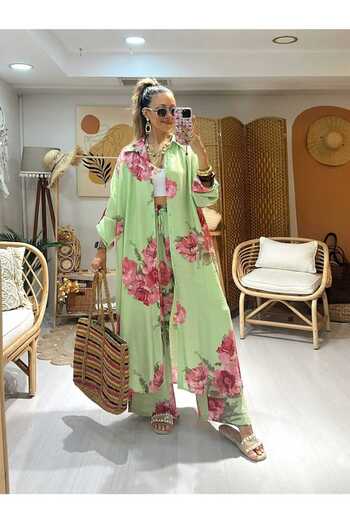 QUAWEAR Double Set with Shirt Collar, Side Slits, Long Tunic and Wide Leg Trousers