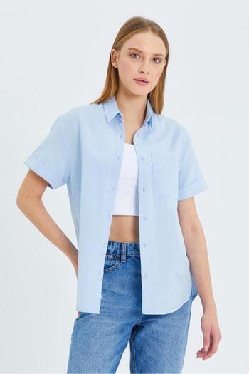 Mixray 3950 Women's Oxford Short Sleeve Basic Shirt Baby Blue