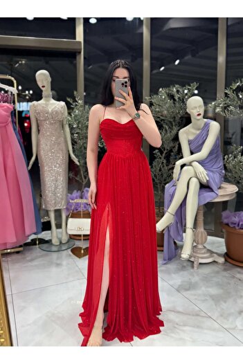 zoezoe Hadley Göğüs Drapeli Korseli Ayarlanabilir İp Bağlamalı Simli Uzun Elbise