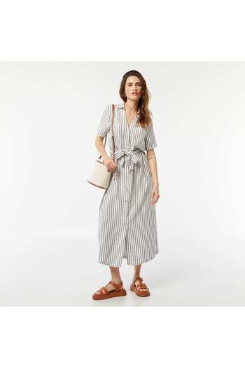 KIABI Short-sleeved linen blend long dress GREY