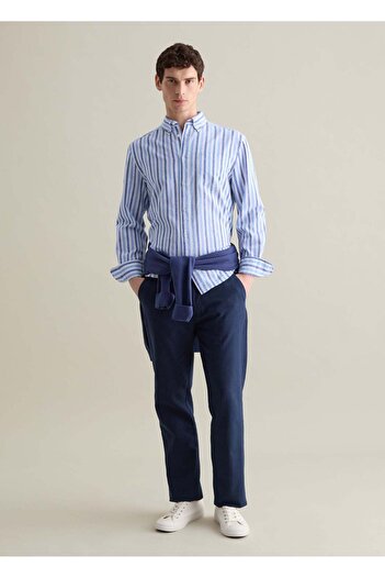 Ovs Regular Blue Chino Trousers In Linen And Cotton By Piombo